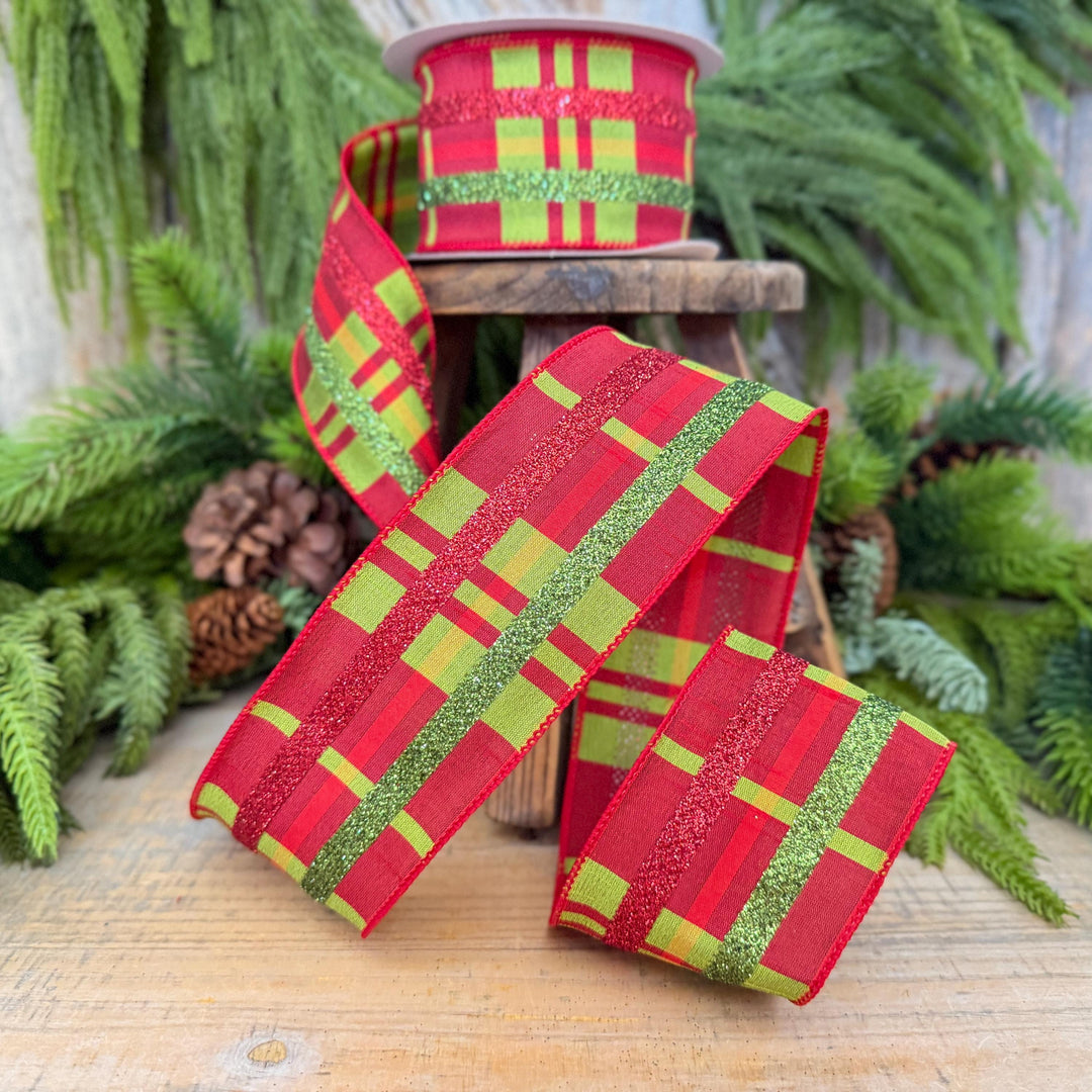 2.5" Red Green Glitter Plaid Christmas Ribbon