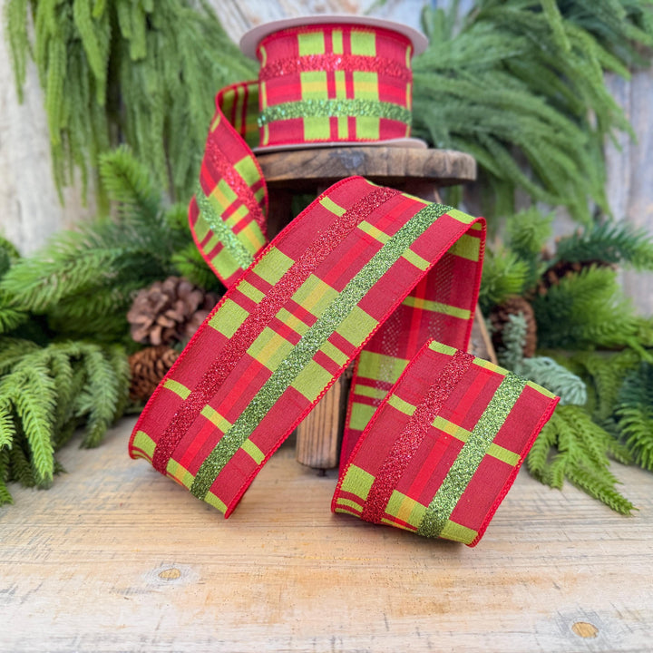 2.5" Red Green Glitter Plaid Christmas Ribbon