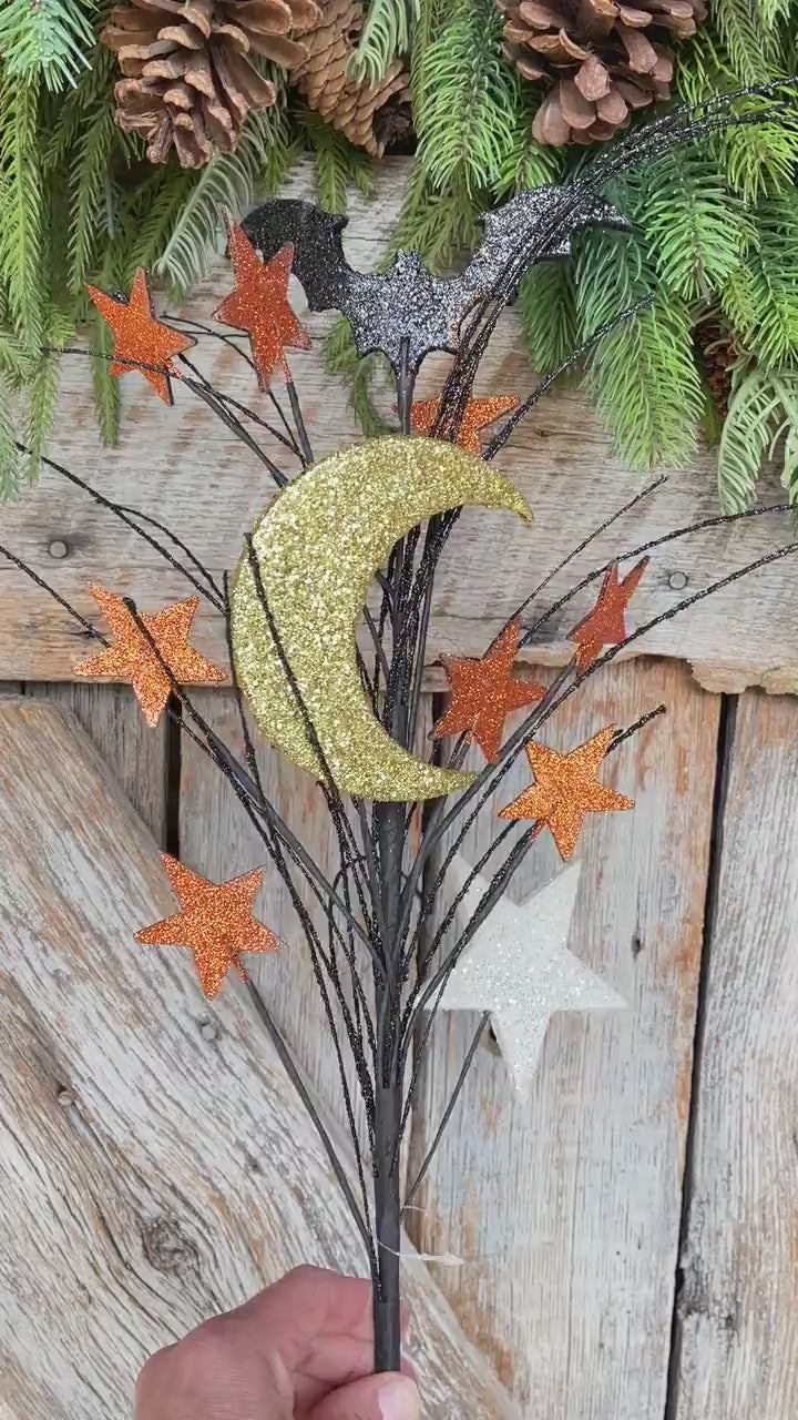 31" Halloween Spray, Gitter Crescent Moon Bat Spray, Halloween Spray