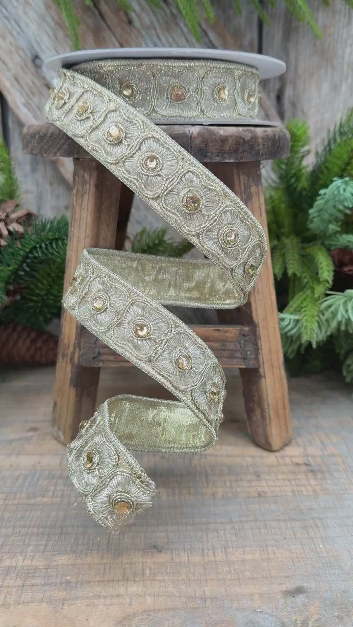 1" Gold Fleurish Embroidered Floral Ribbon, Gold Jeweled Farrisilk Ribbon
