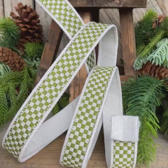 1" Moss Green Check Ribbon, Farrisilk Ribbon, Olive Green Check Ribbon