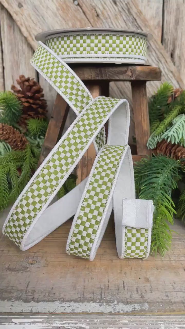 1" Moss Green Check Ribbon, Farrisilk Ribbon, Olive Green Check Ribbon