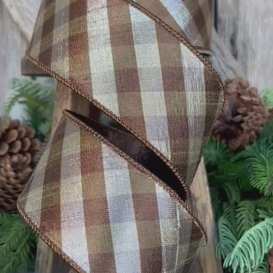 2.5" Platinum Bronze Metallic Checks, Farrisilk Ribbon, Fall Ribbon