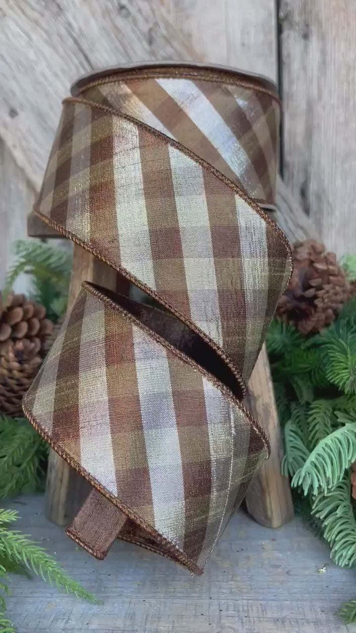 2.5" Platinum Bronze Metallic Checks, Farrisilk Ribbon, Fall Ribbon
