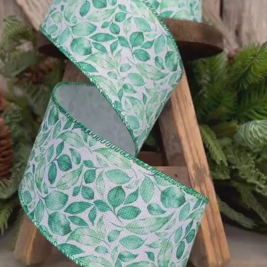 2.5" Green Leaf Ribbon, Wired Ribbon, Spring Ribbon