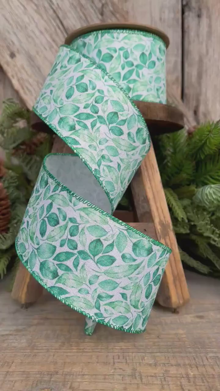 2.5" Green Leaf Ribbon, Wired Ribbon, Spring Ribbon