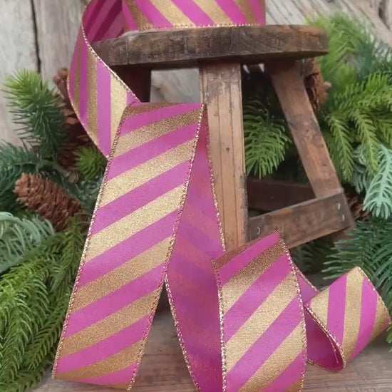 1.5" Pink Gold Ribbon, Pink & Gold Diagonal Stripe Ribbon, CHristmas Ribbon