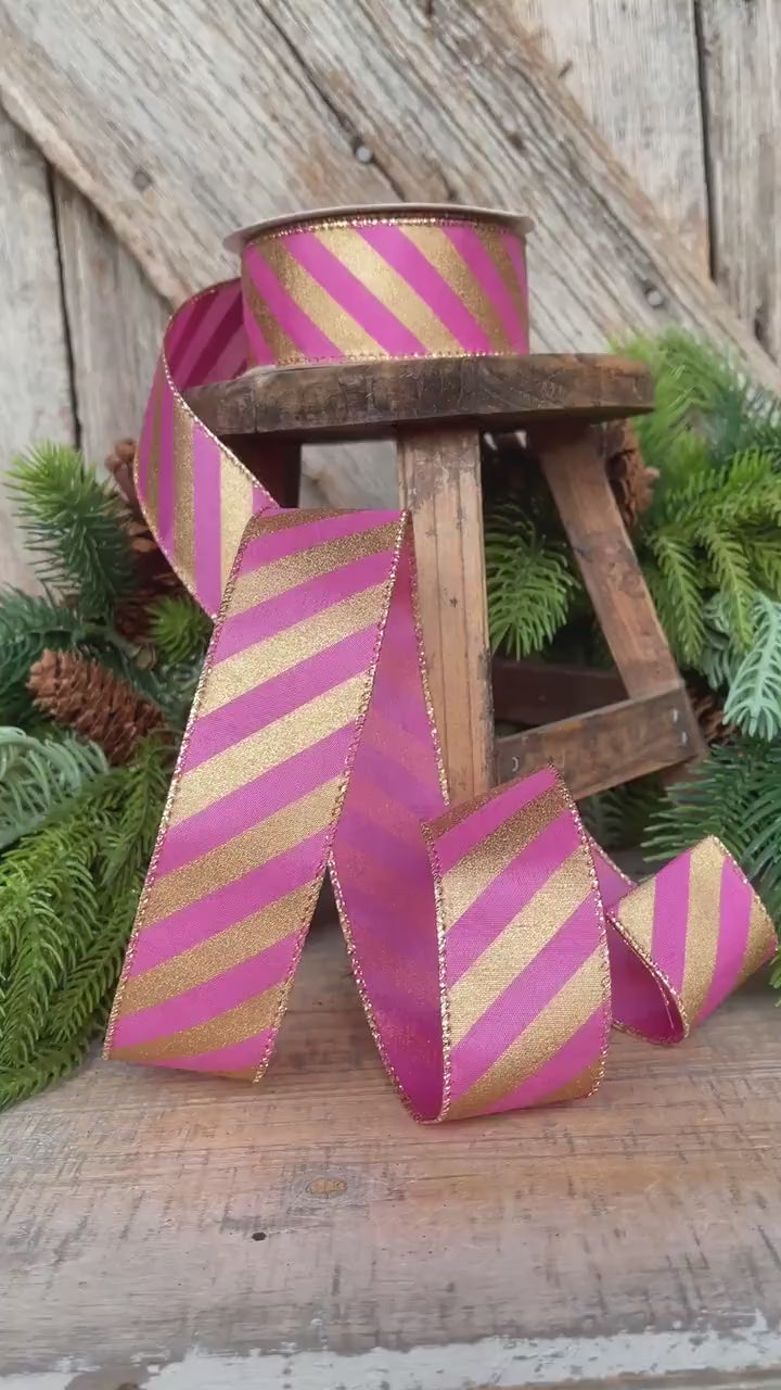 1.5" Pink Gold Ribbon, Pink & Gold Diagonal Stripe Ribbon, CHristmas Ribbon