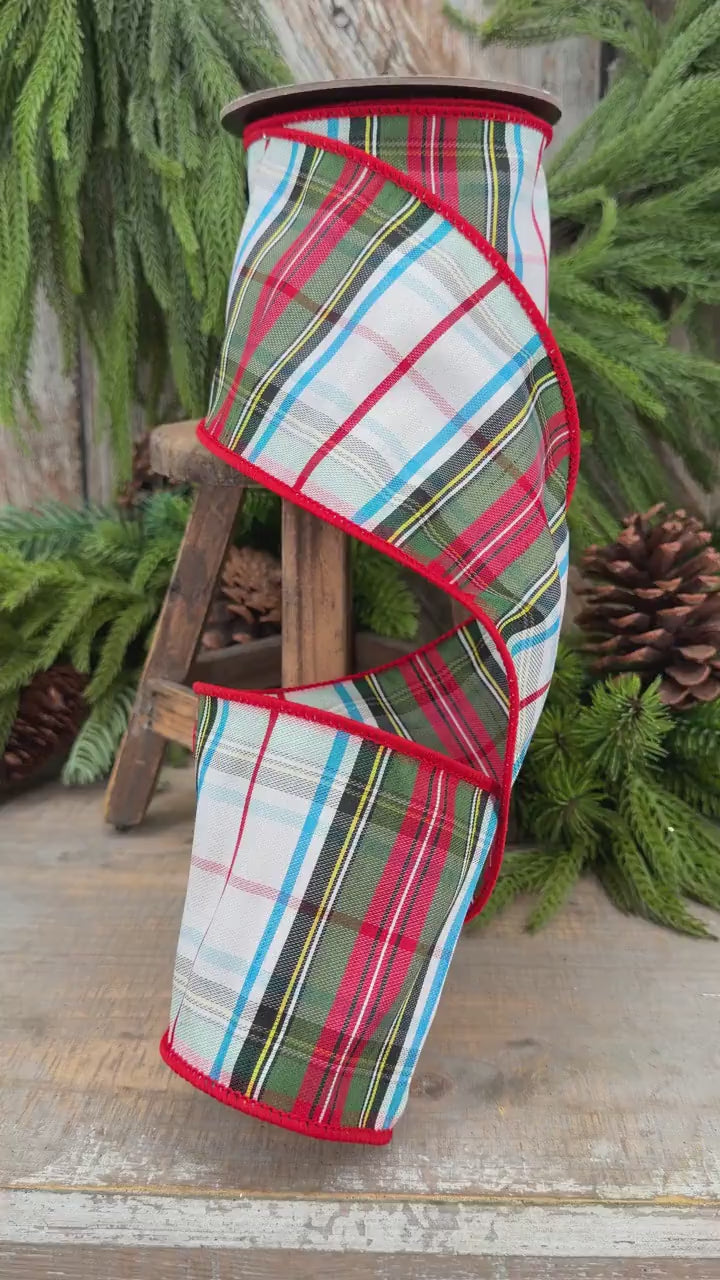 4" White Stewart Christmas Plaid Ribbon, Tartan Plaid Ribbon