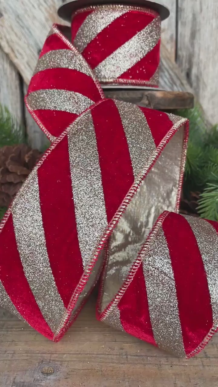 2.5" Red Gold Ribbon Diagonal Stripe, Christmas Tree Ribbon, Red Velvet Ribbon