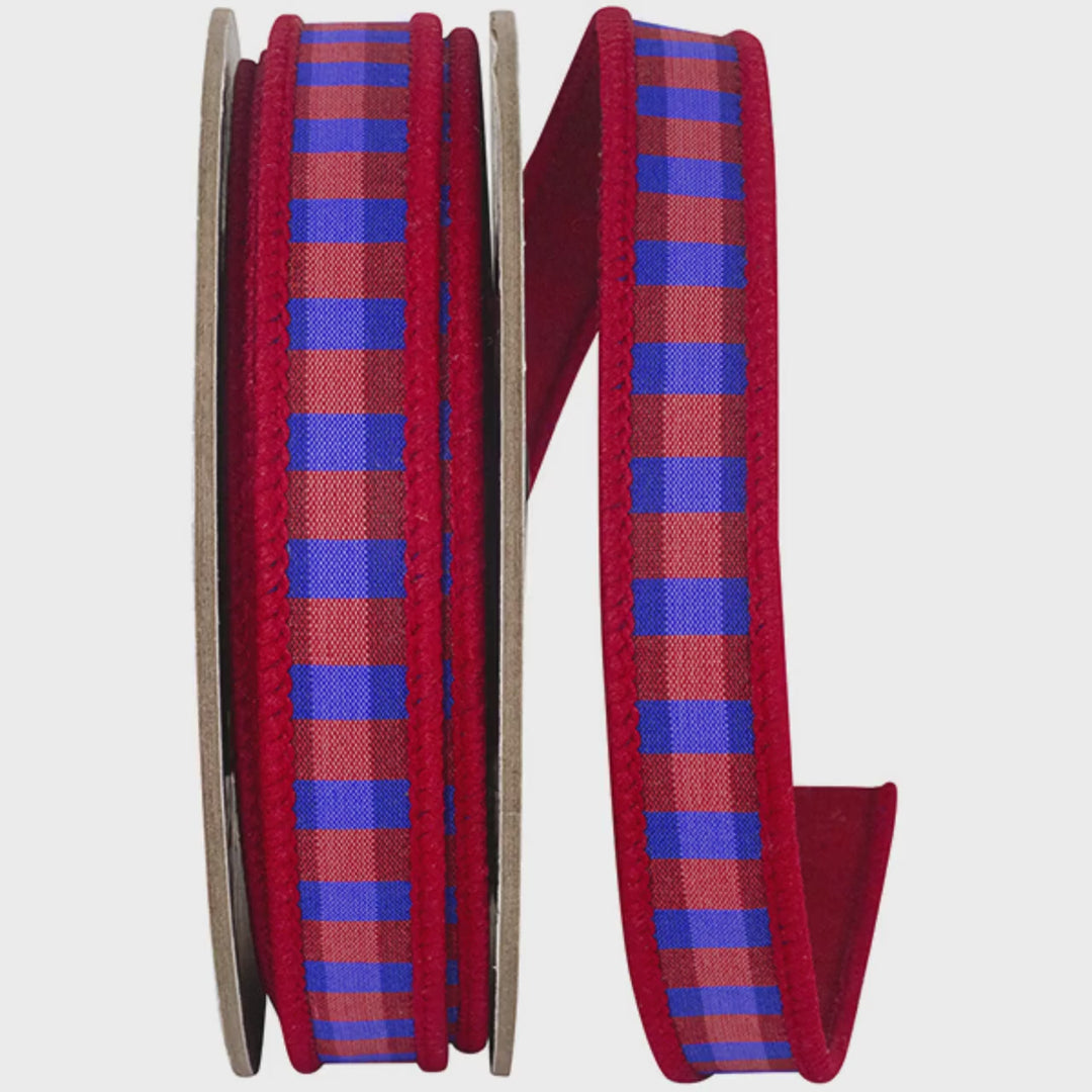7/8" Red Blue Check Ribbon, Wired RIbbon, Patriotic Ribbon