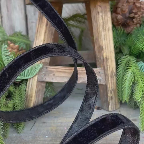 3/4" Black Velvet Luster Wired Ribbon, Farrisilk Ribbon, Velvet Ribbon