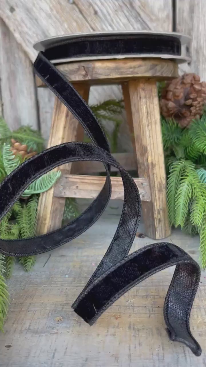3/4" Black Velvet Luster Wired Ribbon, Farrisilk Ribbon, Velvet Ribbon