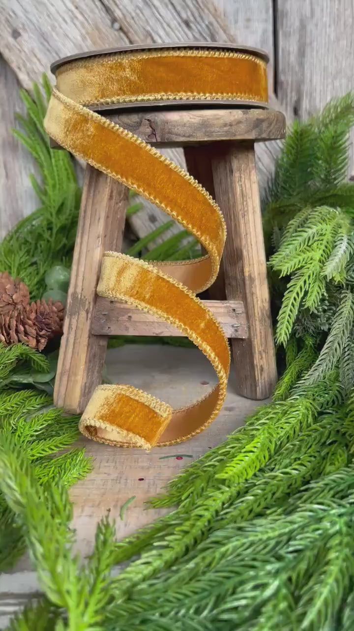 1” Caramel Gold Velvet Ribbon, Velvet ribbon, Wired ribbon