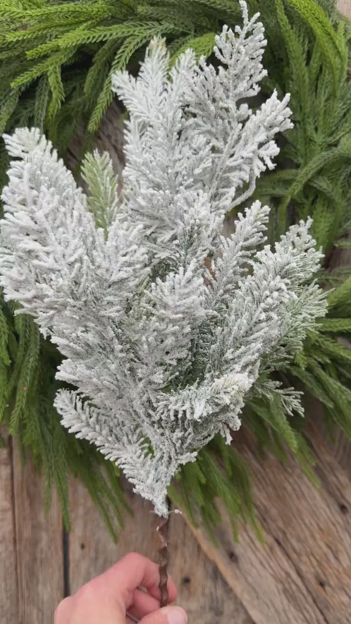 24" Snow Flocked Swiss Pine Spray – Frosted Christmas Greenery