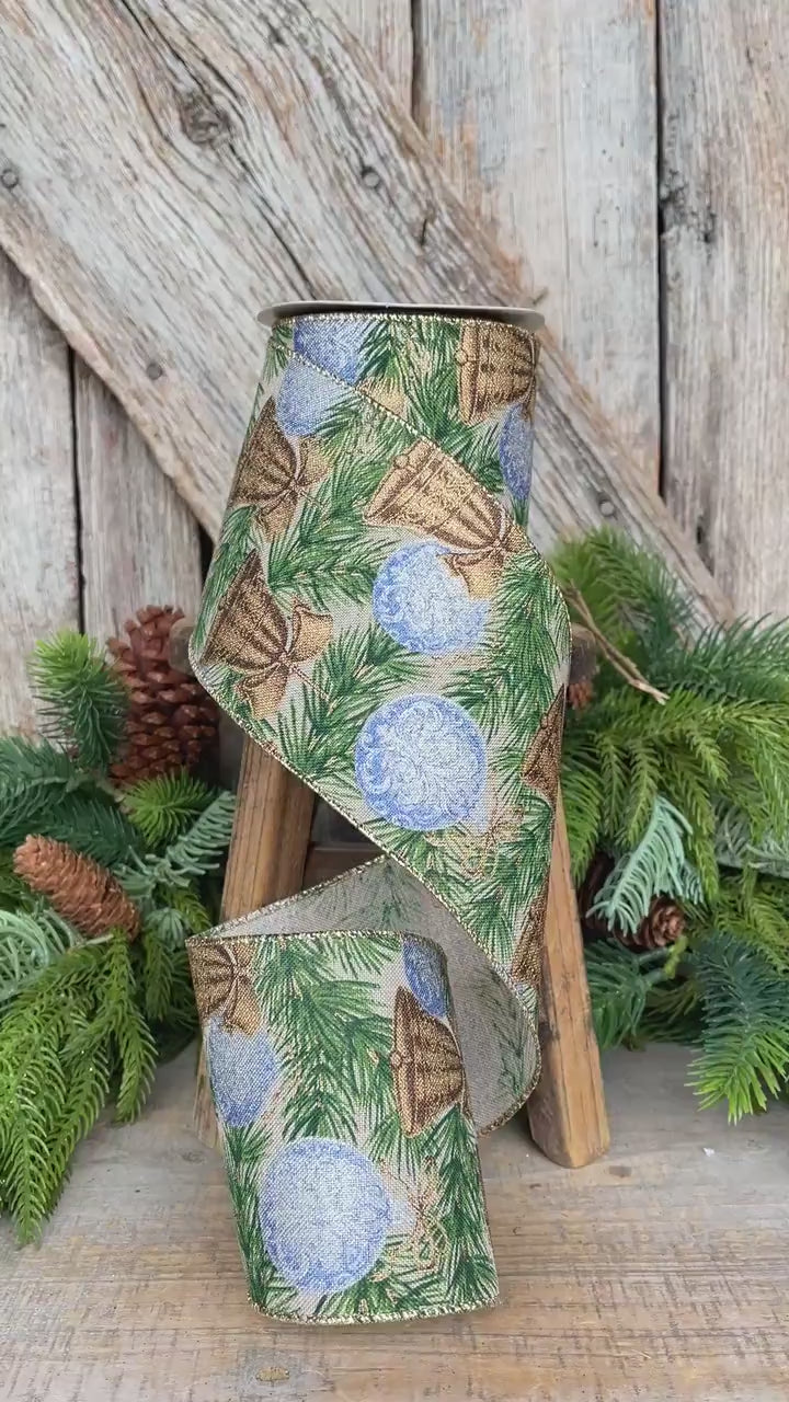 4" Christmas Ribbon with Blue Ornaments & Gold Bells, Holiday Wired Ribbon, Pine Greenery Ribbon