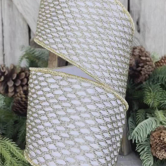 4" White Gold Ribbon, Farrisilk Ribbon, Gold lattice ribbon