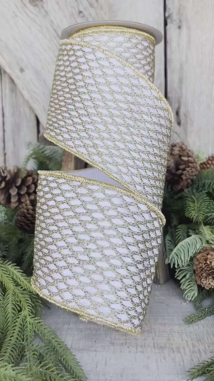 4" White Gold Ribbon, Farrisilk Ribbon, Gold lattice ribbon