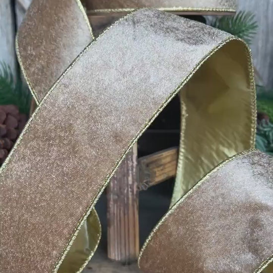 2.5" Gold Velveteen Ribbon, Christmas Ribbon, Gold Velvet