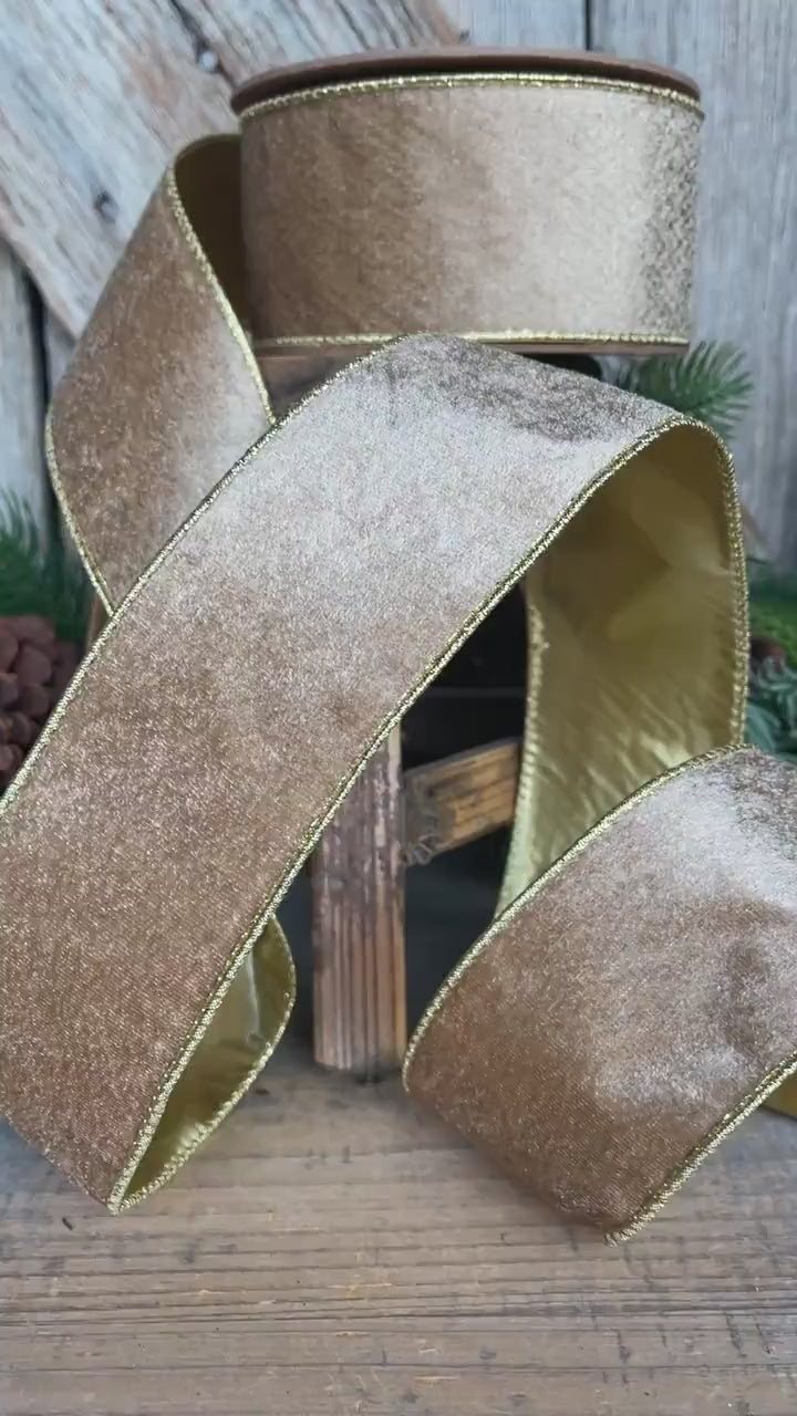 2.5" Gold Velveteen Ribbon, Christmas Ribbon, Gold Velvet