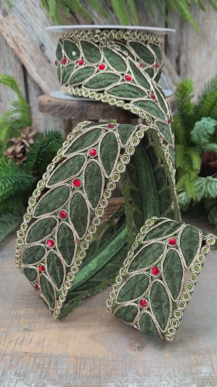 2.5" Olive Green Laurel Leaf Lace Ribbon, Gold Embroidered Christmas Ribbon with Red Jewels