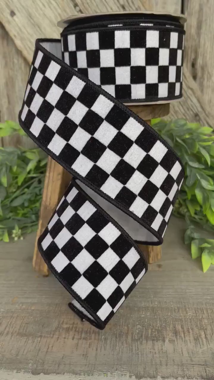 2.5" Black and White Retro Checks Ribbon, Farrisilk Ribbon, Flocked Ribbon,Halloween Ribbon