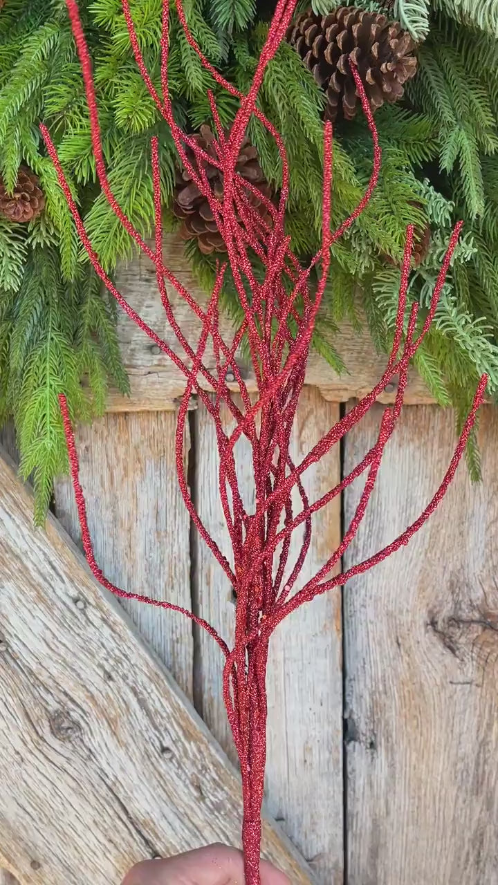 30" Red Glitter Twig Christmas Spray, Christmas Tree Topper Spray