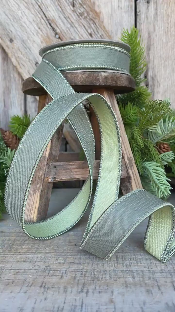 1" Sage Green Ribbon, Farrisilk Ribbon, Wired Ribbon