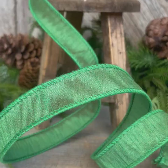 1" Emerald Green Dupioni Ribbon, Wired Ribbon, Narrow Ribbon