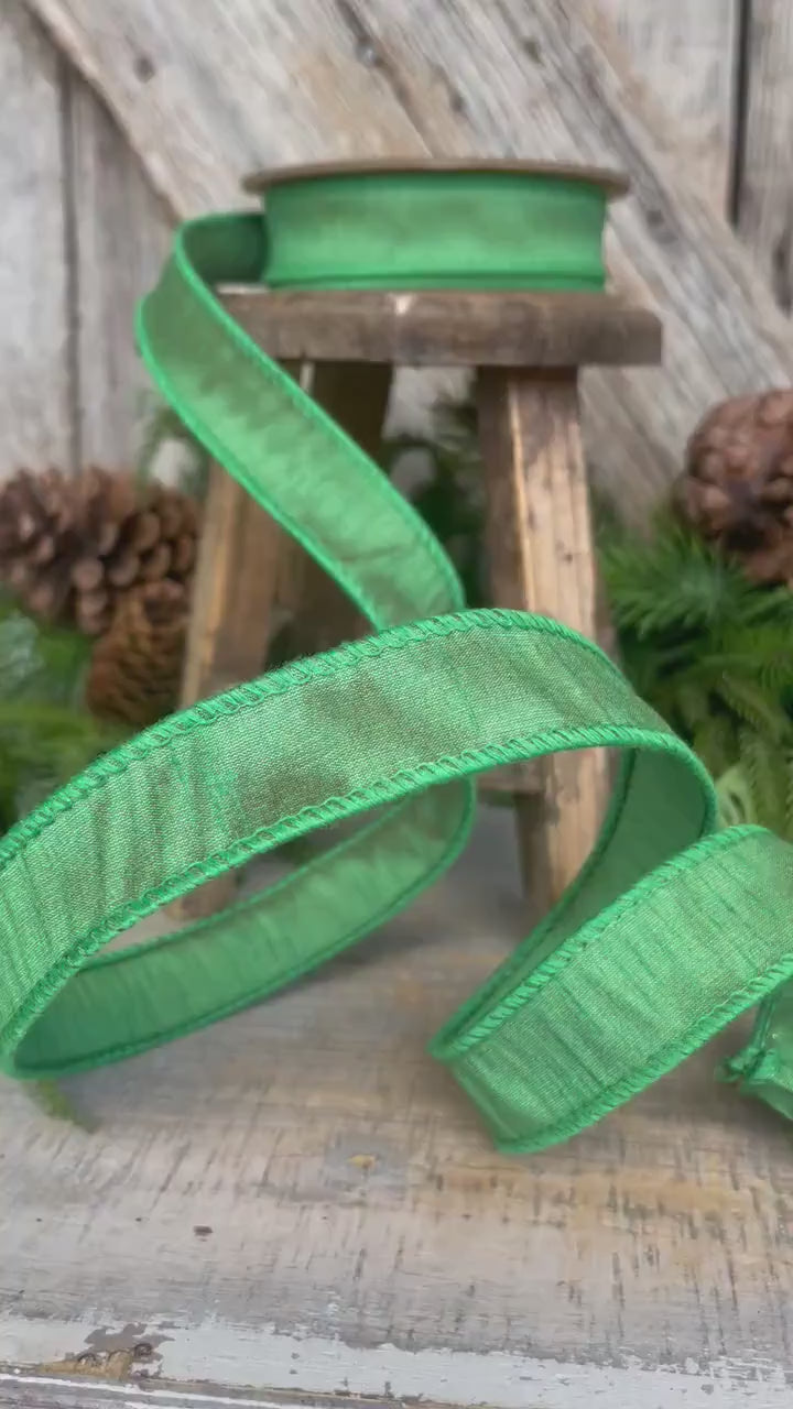 1" Emerald Green Dupioni Ribbon, Wired Ribbon, Narrow Ribbon