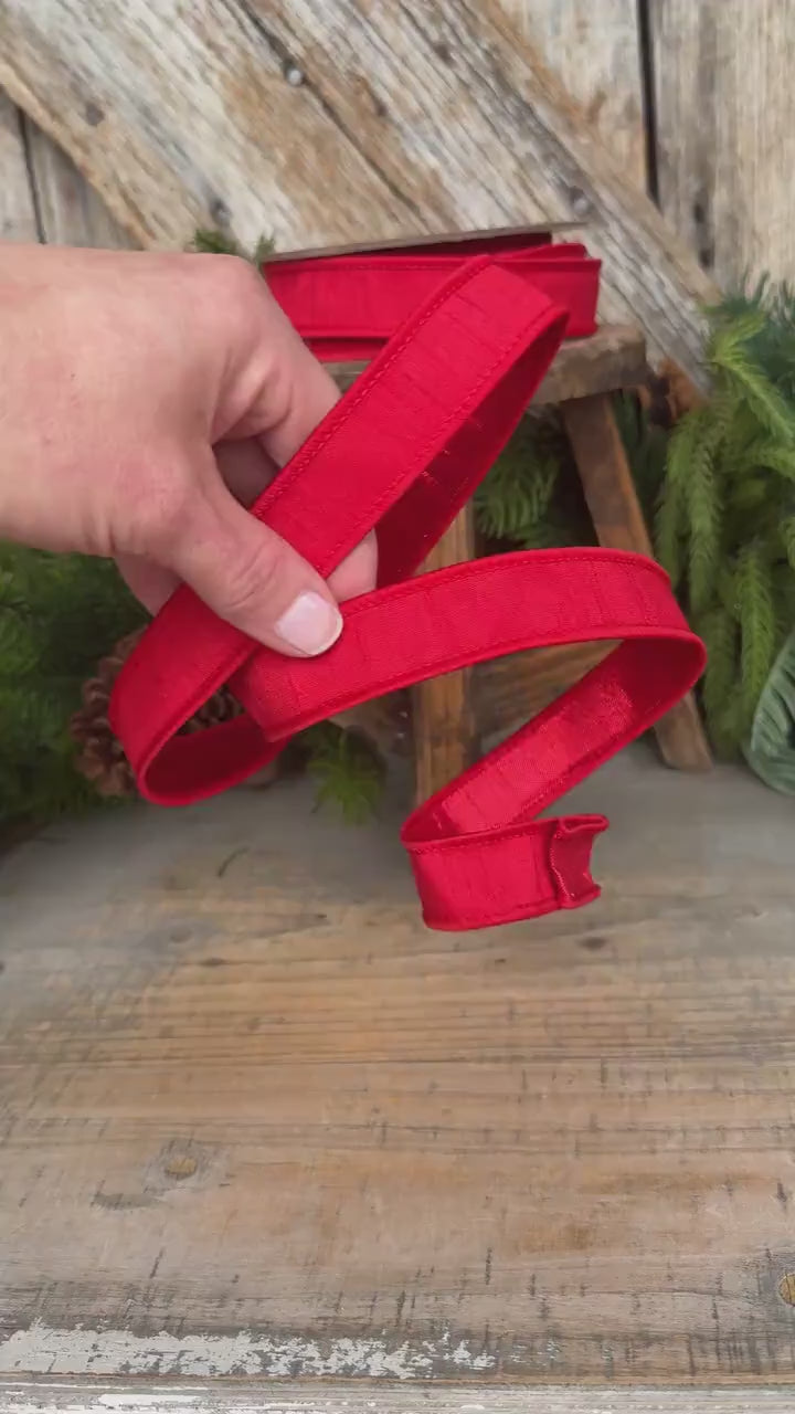 1” Red Dupioni Ribbon, ribbon, wired ribbon