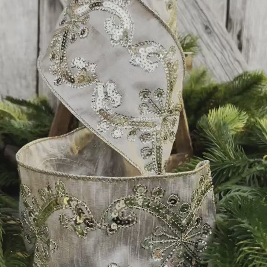 4" Champagne Gold Sequin Ribbon, 4 inch Wired Christmas Ribbon, Platinum Gold Sequin Ribbon
