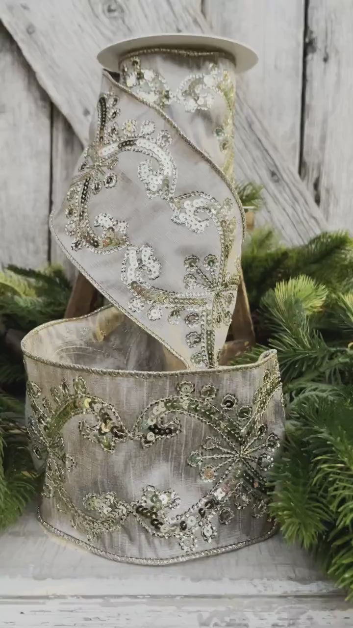 4" Champagne Gold Sequin Ribbon, 4 inch Wired Christmas Ribbon, Platinum Gold Sequin Ribbon
