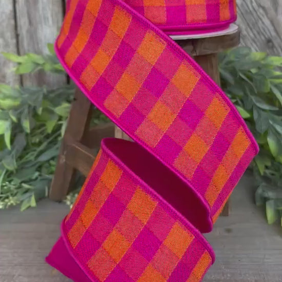 2.5" Hot Pink Orange Checks Stitchery Ribbon, Farrisilk Ribbon, Spring Ribbon