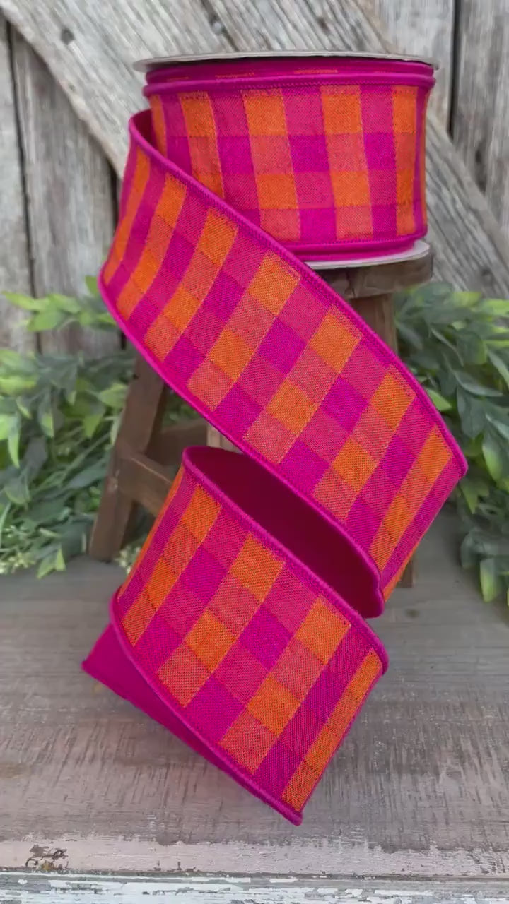 2.5" Hot Pink Orange Checks Stitchery Ribbon, Farrisilk Ribbon, Spring Ribbon
