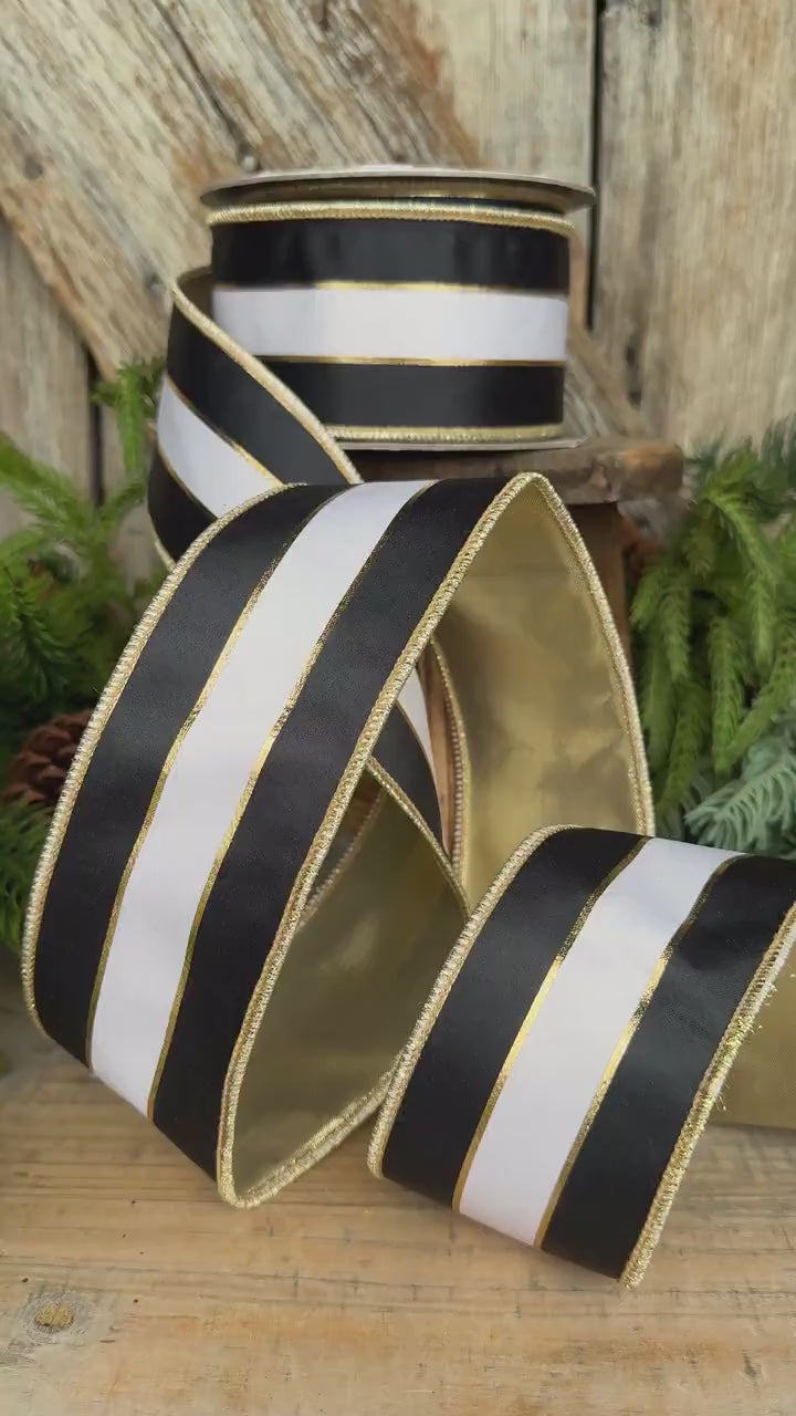 2.5" Black White Gold Stripe RIbbon