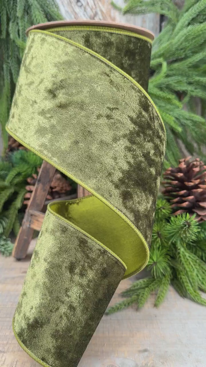 4" Moss Green Velvet Ribbon, Wired RIbbon