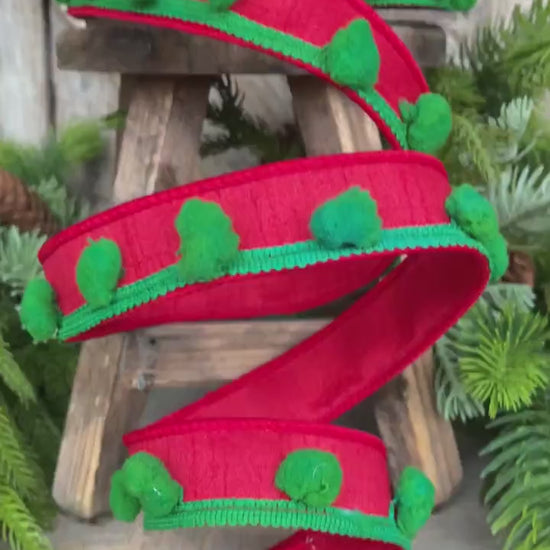 1.5" Christmas Ribbon, Wired Ribbon, Pom Pom Ribbon