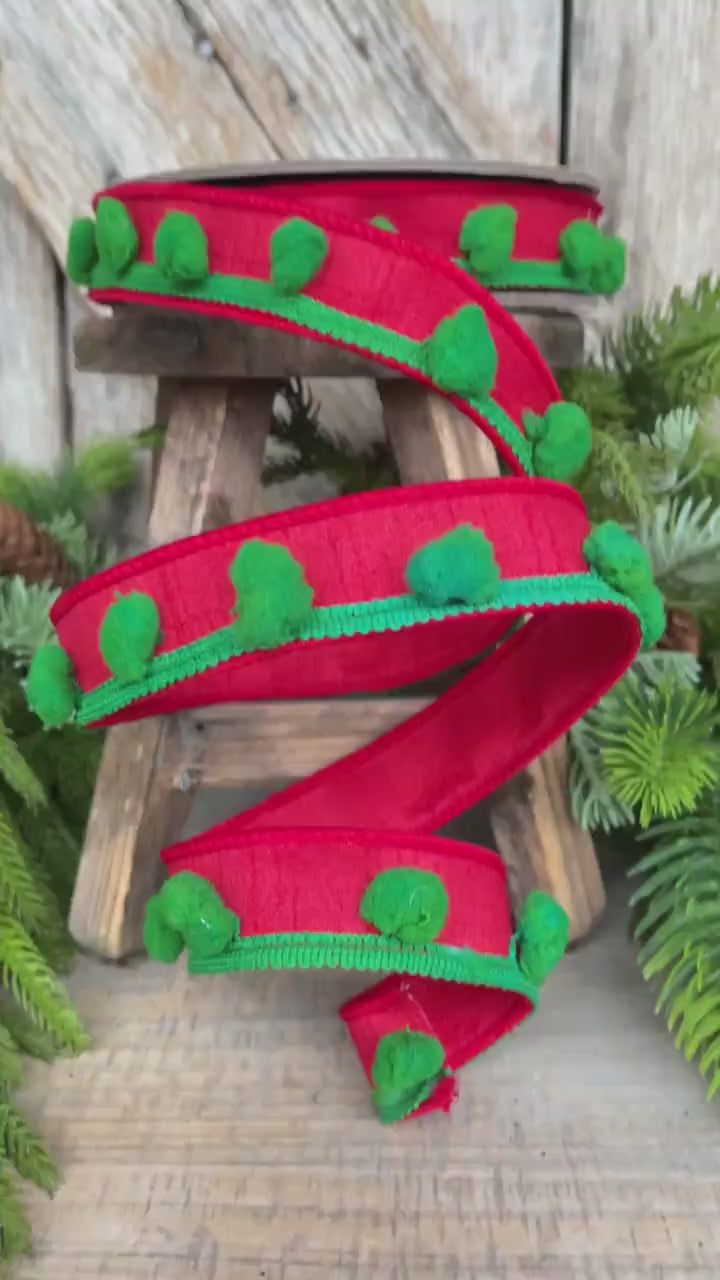 1.5" Christmas Ribbon, Wired Ribbon, Pom Pom Ribbon