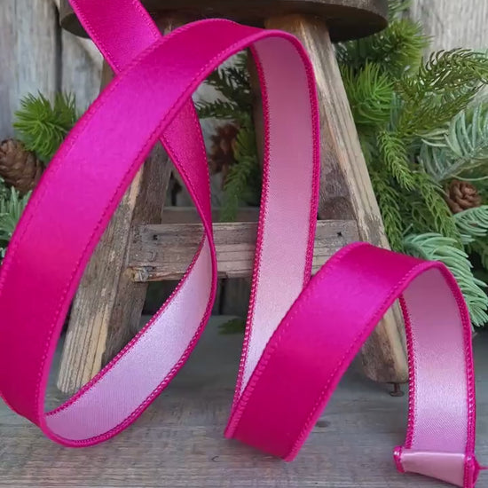 1" Hot Pink Light Pink Wired Satin Ribbon, Farrisilk Ribbon, Duo Satin Ribbon