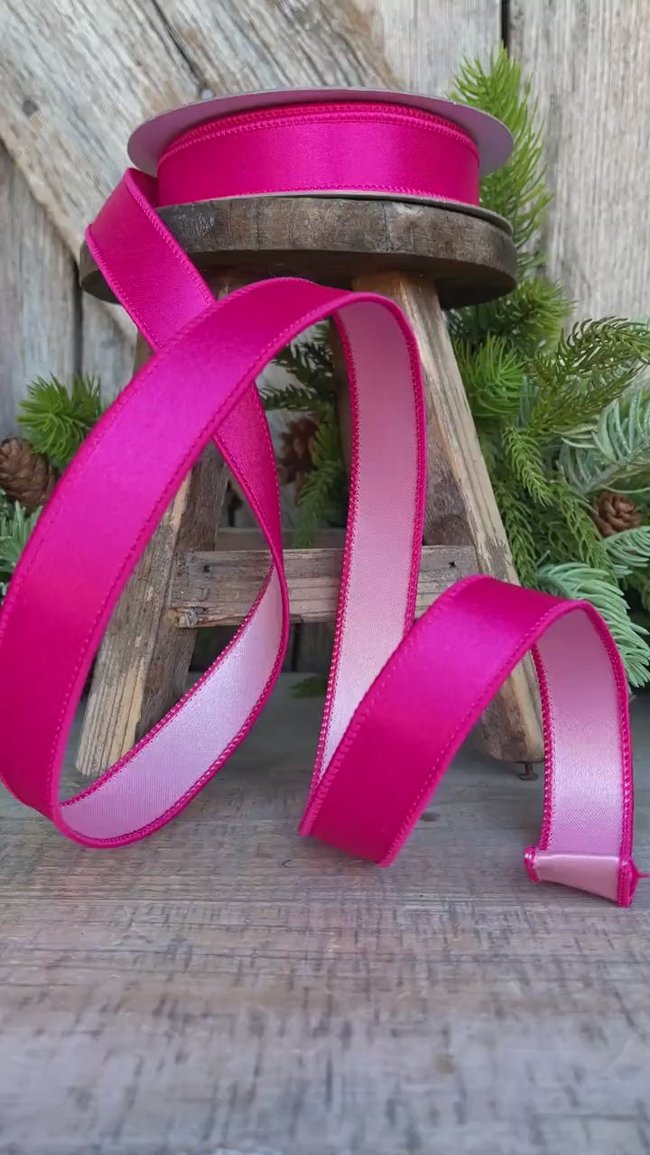 1" Hot Pink Light Pink Wired Satin Ribbon, Farrisilk Ribbon, Duo Satin Ribbon