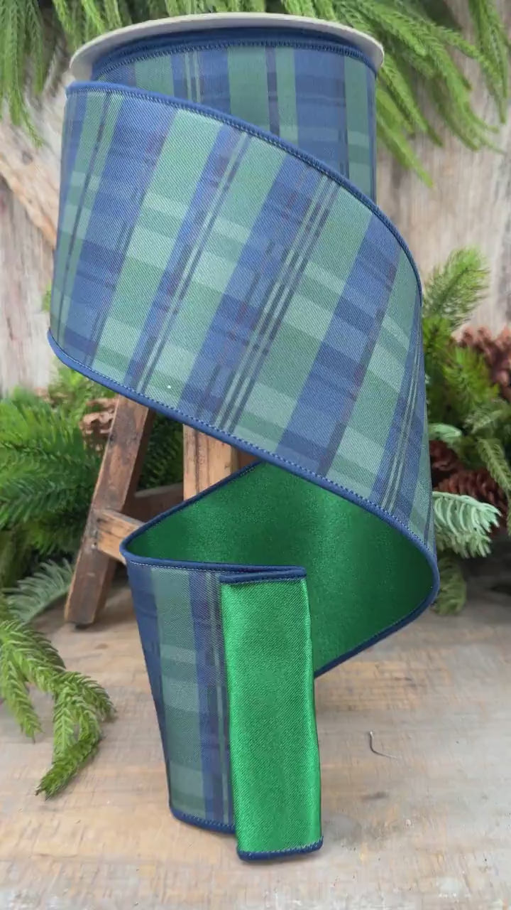 4" Blue Green Christmas Plaid Ribbon, Black Watch Plaid Ribbon