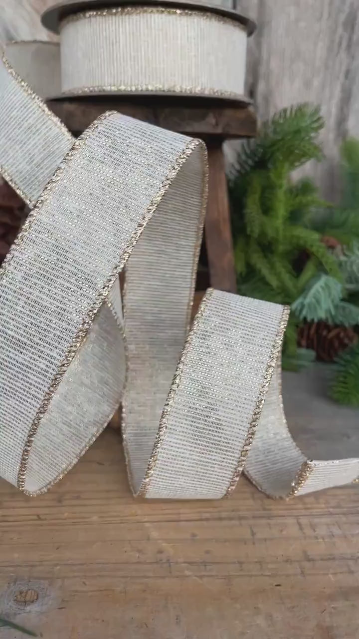 1.5" Ivory &amp; Gold Ribbon, Christmas Ribbon, Gift Wrap Ribbon