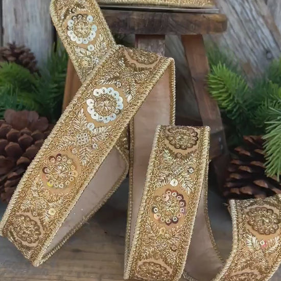1.5" Gold Sequin Ribbon, Christmas Ribbon, Gold Ribbon for Tree