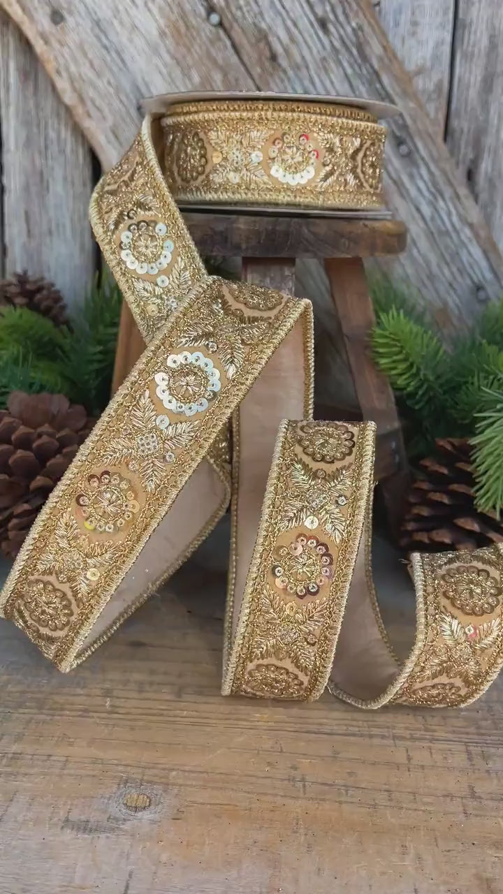 1.5" Gold Sequin Ribbon, Christmas Ribbon, Gold Ribbon for Tree