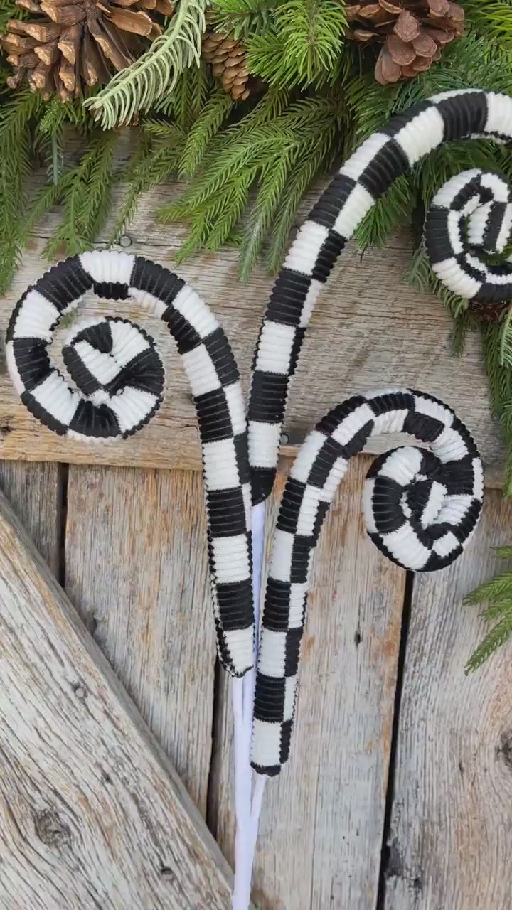 28" Black White Checkered Curly Spray, Halloween Spray, Floral Spray