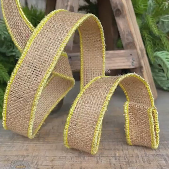 1" Yellow Burlap Accent Ribbon, Farrisilk Ribbon, Wired Ribbon
