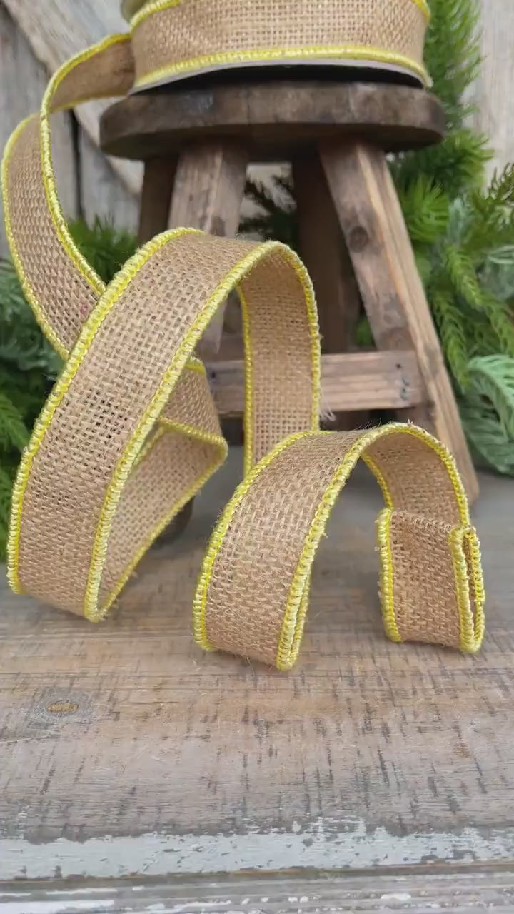 1" Yellow Burlap Accent Ribbon, Farrisilk Ribbon, Wired Ribbon