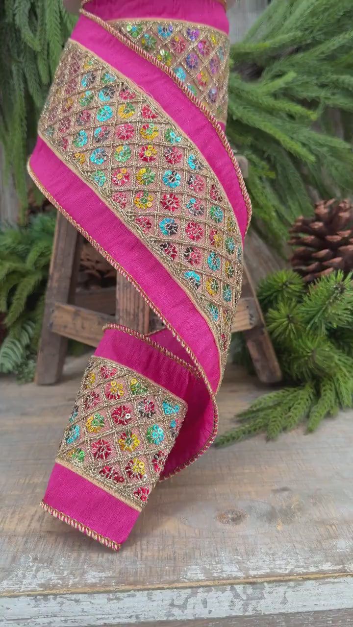 4" Pink Dupion Multi Sequin Diamond Trim Wired Ribbon, 5 Yard Roll