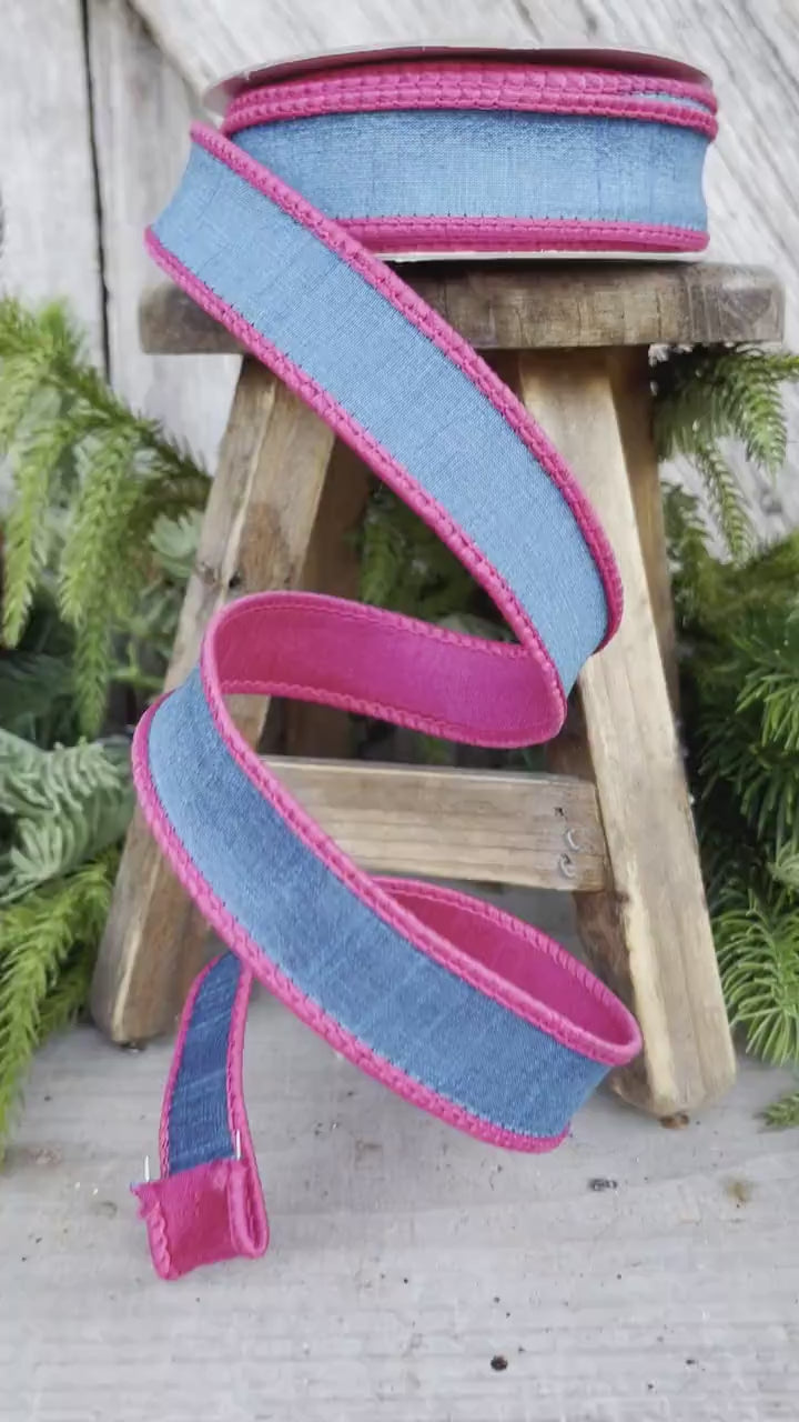 1" Turquoise and Pink Contrast Taffeta, Farrisilk Ribbon, Wired Ribbon